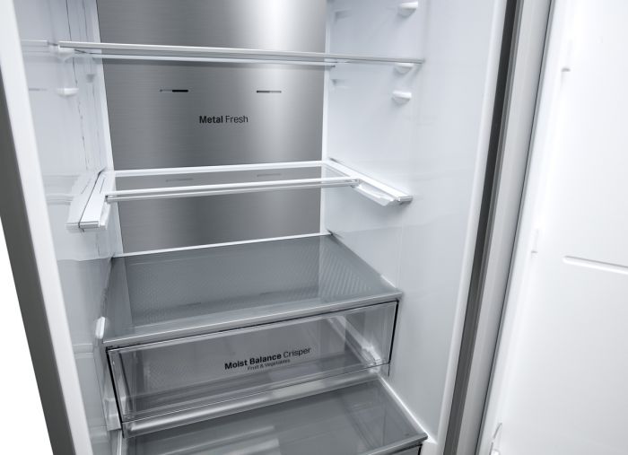 Холодильник LG з нижн. мороз., 203x60х68, холод.відд.-277л, мороз.відд.-107л, 2дв., E, NF, інв., диспл зовн., зона св-ті, Metal Fresh, сріблястий