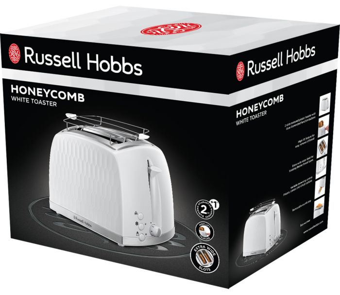 Тостер Russell Hobbs Honeycomb 850Вт, широкі слоти, пластик, білий