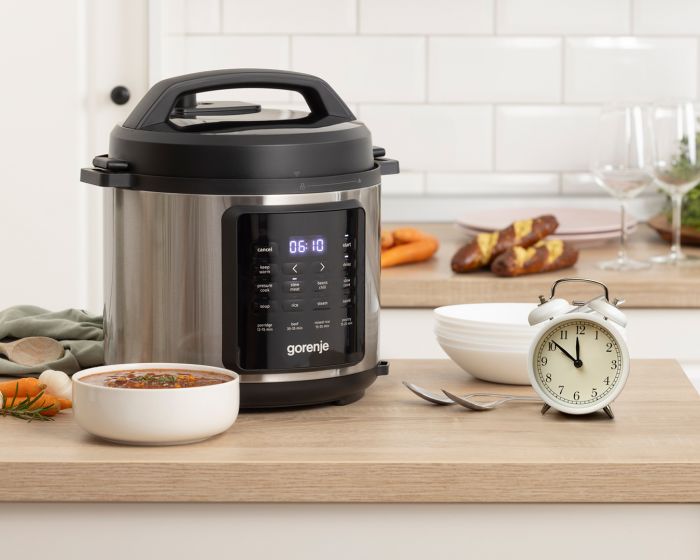Мультиварка-скороварка Gorenje, 1000Вт, чаша-6л, електронне керув., 8 програм, метал/пластик, чорний-нерж