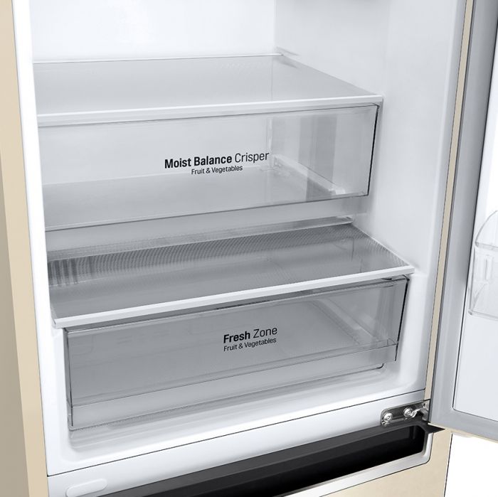 Холодильник LG з нижн. мороз., 203x60х68, холод.відд.-277л, мороз.відд.-107л, 2дв., E, NF, інв., диспл зовн., зона св-ті, бежевий