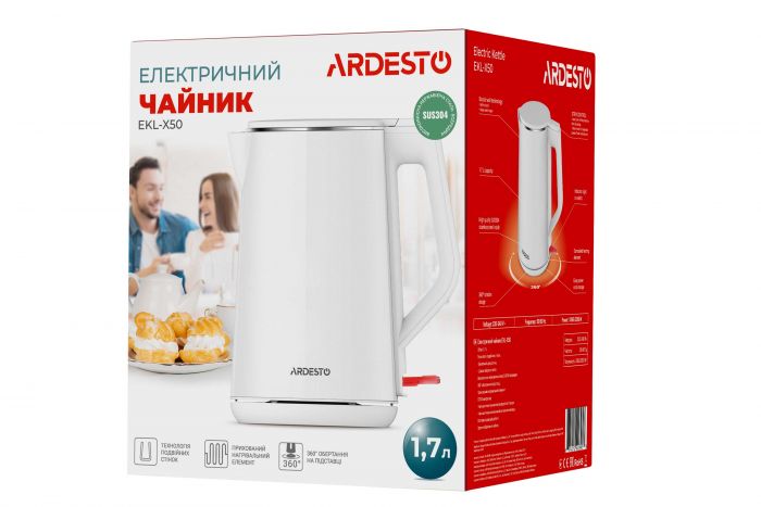 Електрочайник Ardesto 1.5л, Strix, подвійні стінки, білий глянець